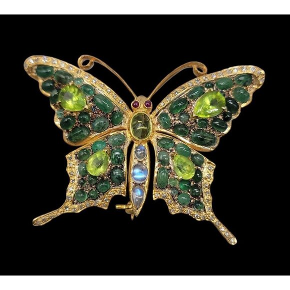 Diamond Emerald Peridot Gilded Brooch Pendant 585 Bail 24k Gold Plated Sterling - Picture 4 of 16